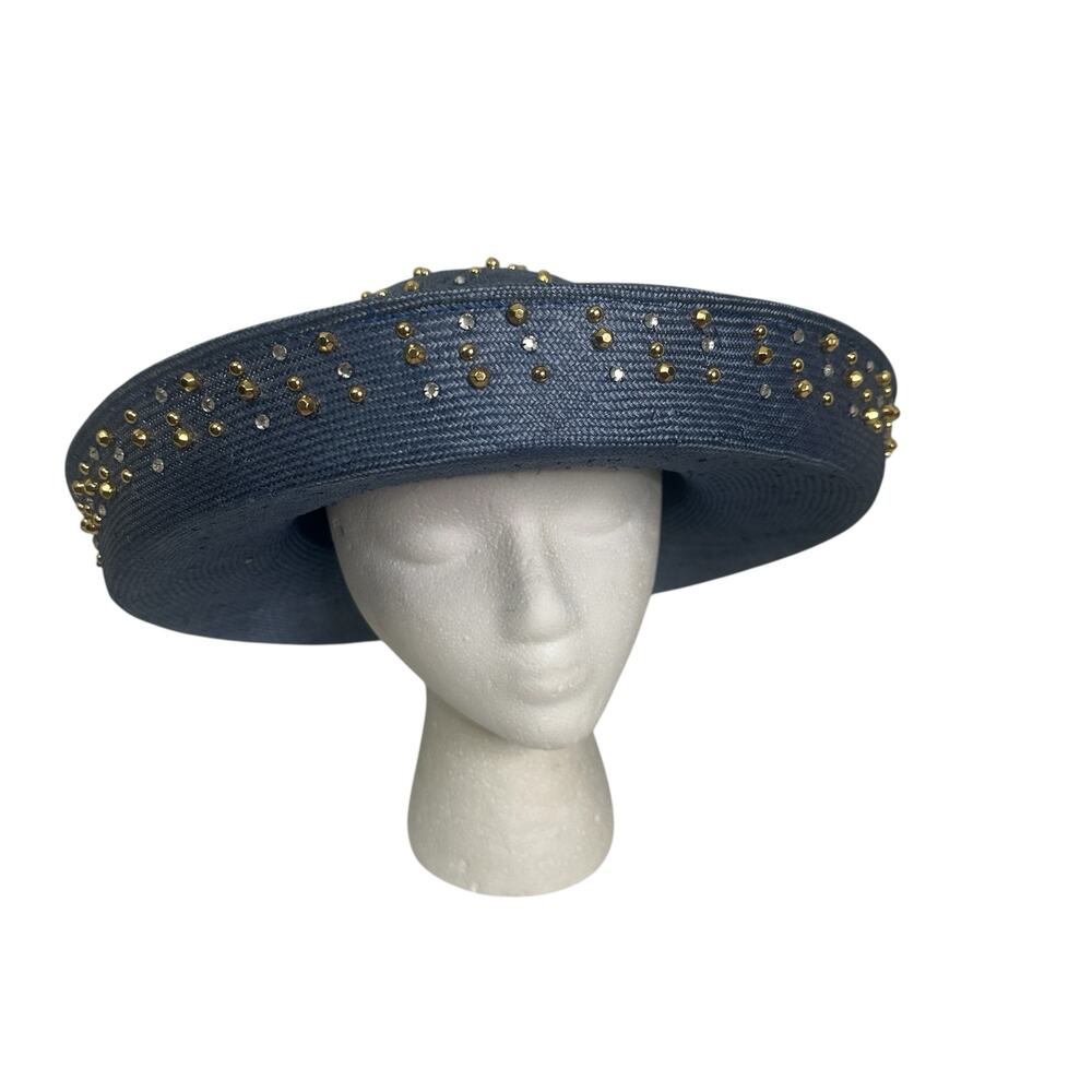 Vintage Jack McConell Boutique Blue Studded Straw Sun Church Derby HAt - Picture 2 of 10
